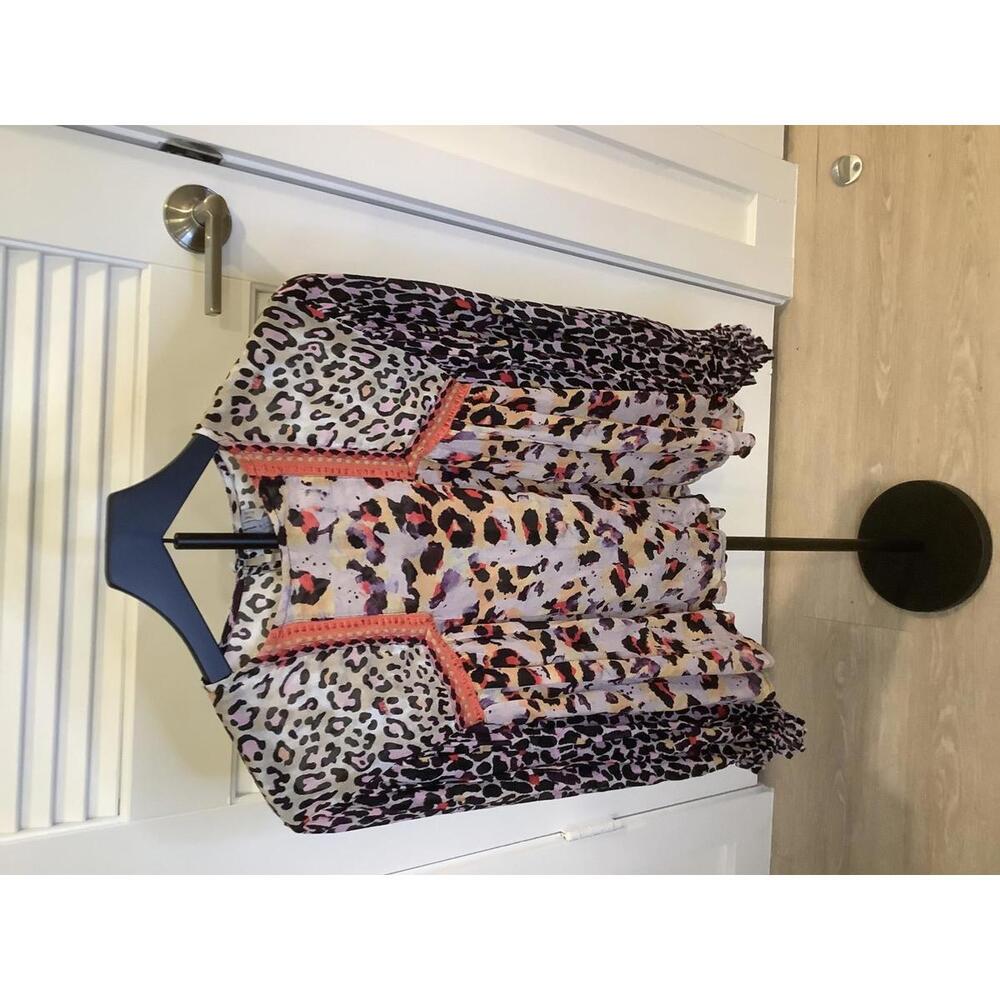 bl^nk London Animal Leopard Print Sheer Boho Embroidered Long Sleeve Blouse Top